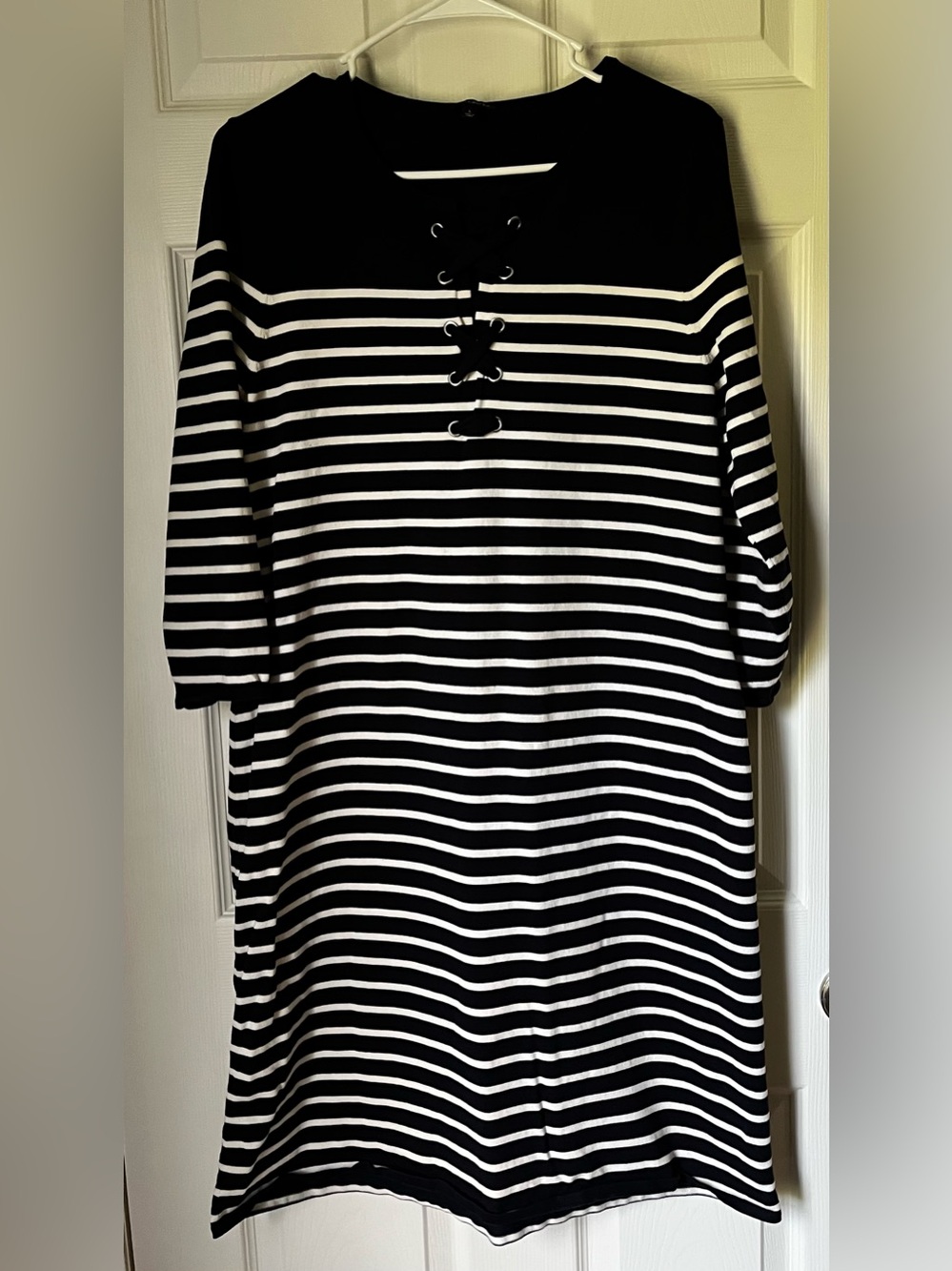 Talbots Striped Knit Lace-Up Nautical Shift Dress Blue and White